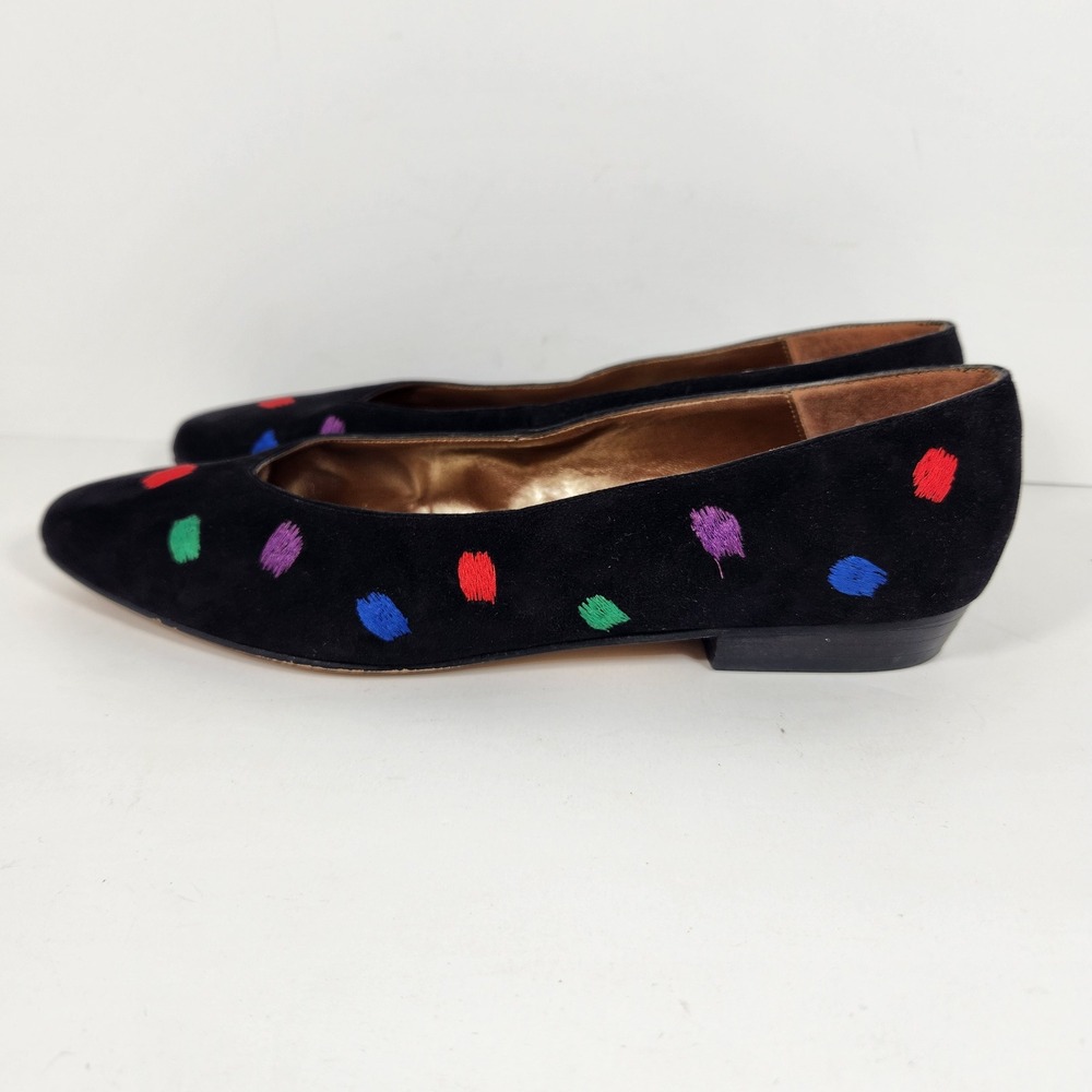 Proxy Vintage Black Suede Multi Color Embroidered Polka Dot Pointed Toe Flat 7.5